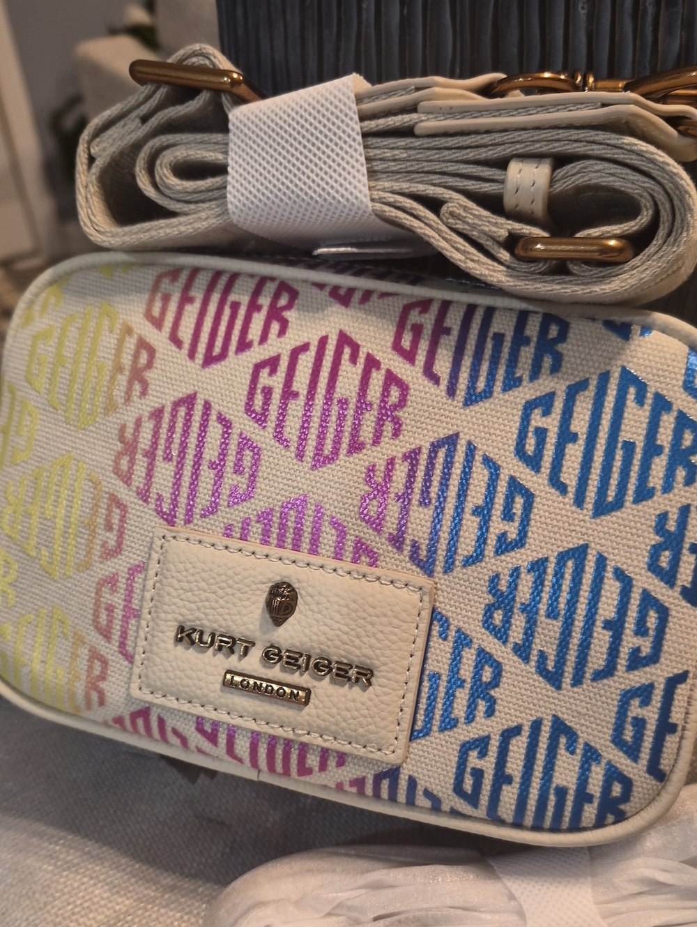 Kurt Geiger Crossbody Camera Bag Blue, Pink & Yellow Logo Print